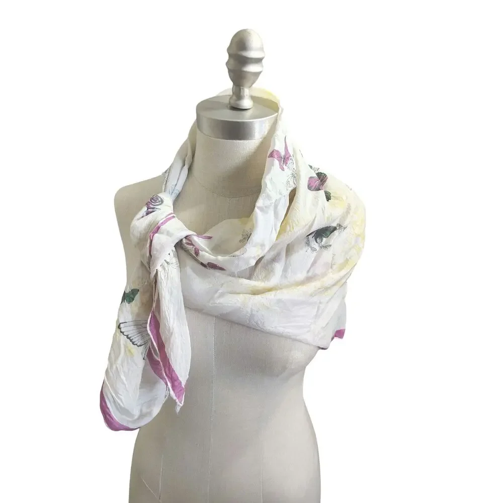 Vintage Butterfly Print Silk Scarf Cream Pink White Square Scarf Wrap